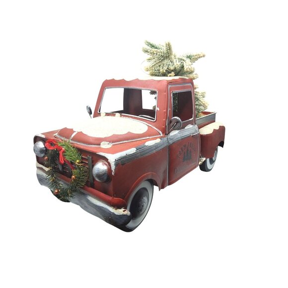 Vintage Farm Fresh Christmas Trees Red Metal Truck With Light-Up Decor & Faux Sn - Picture 5 of 9